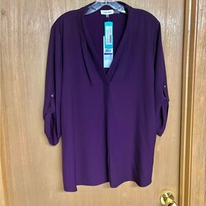 Calvin Klein XL V-Neck Roll Sleeve Deep Purple Blouse